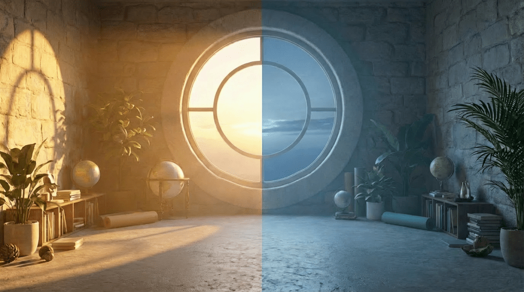 Person meditating on a rock in a room with split warm and cool lighting.
