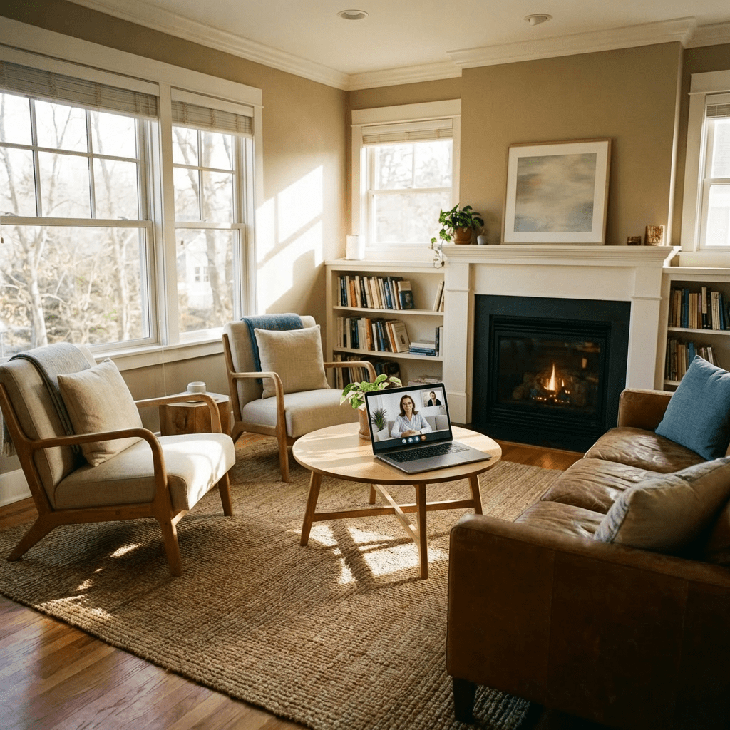 Cozy living room featuring two armchairs, a leather sofa, a fireplace, and large windows.